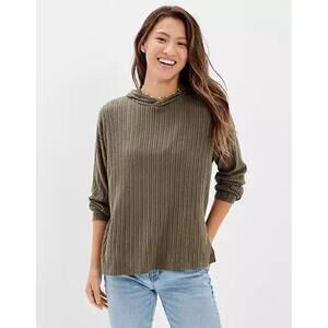 American Eagle Women's Cropped Ribbed Hoodie Pullover Sweatshirt - Size Small